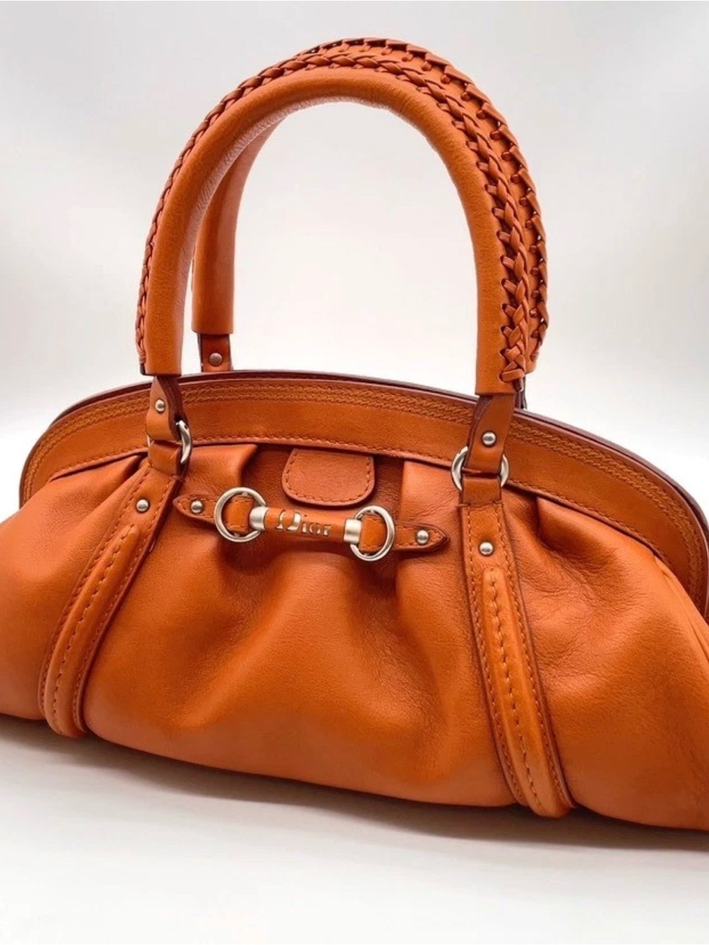 Auth Christian Dior Chrysler Leather Camel Braided Bowling Bag